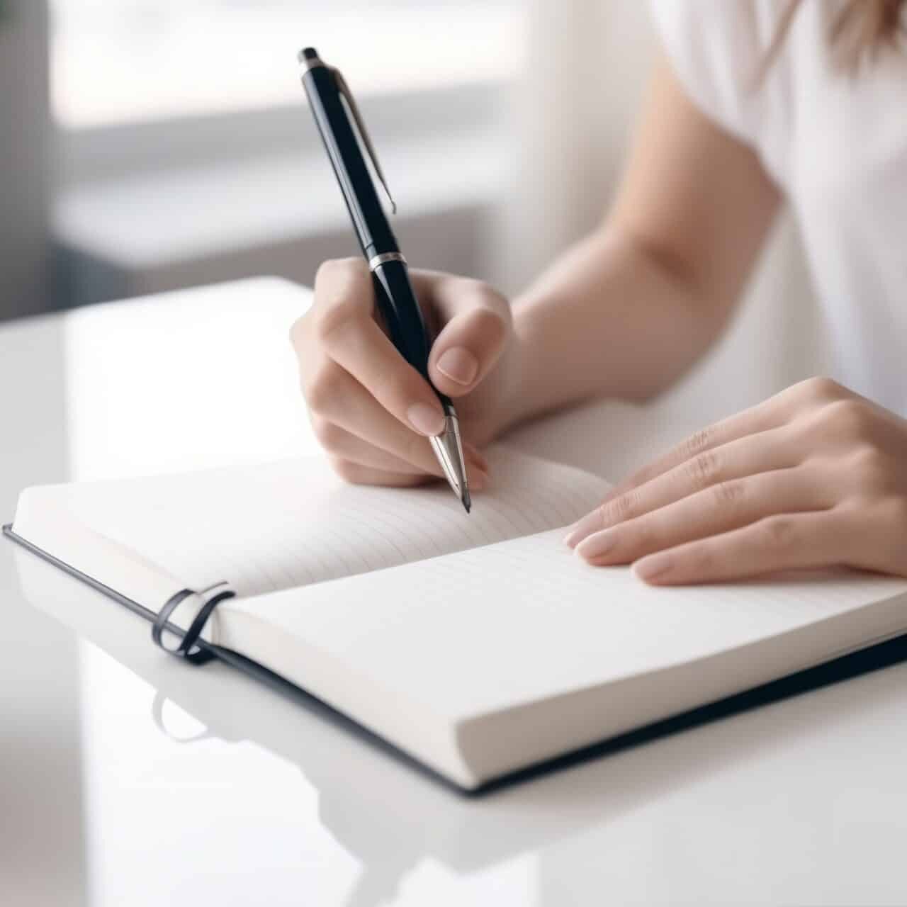 Woman brainstorming ideas in notebook